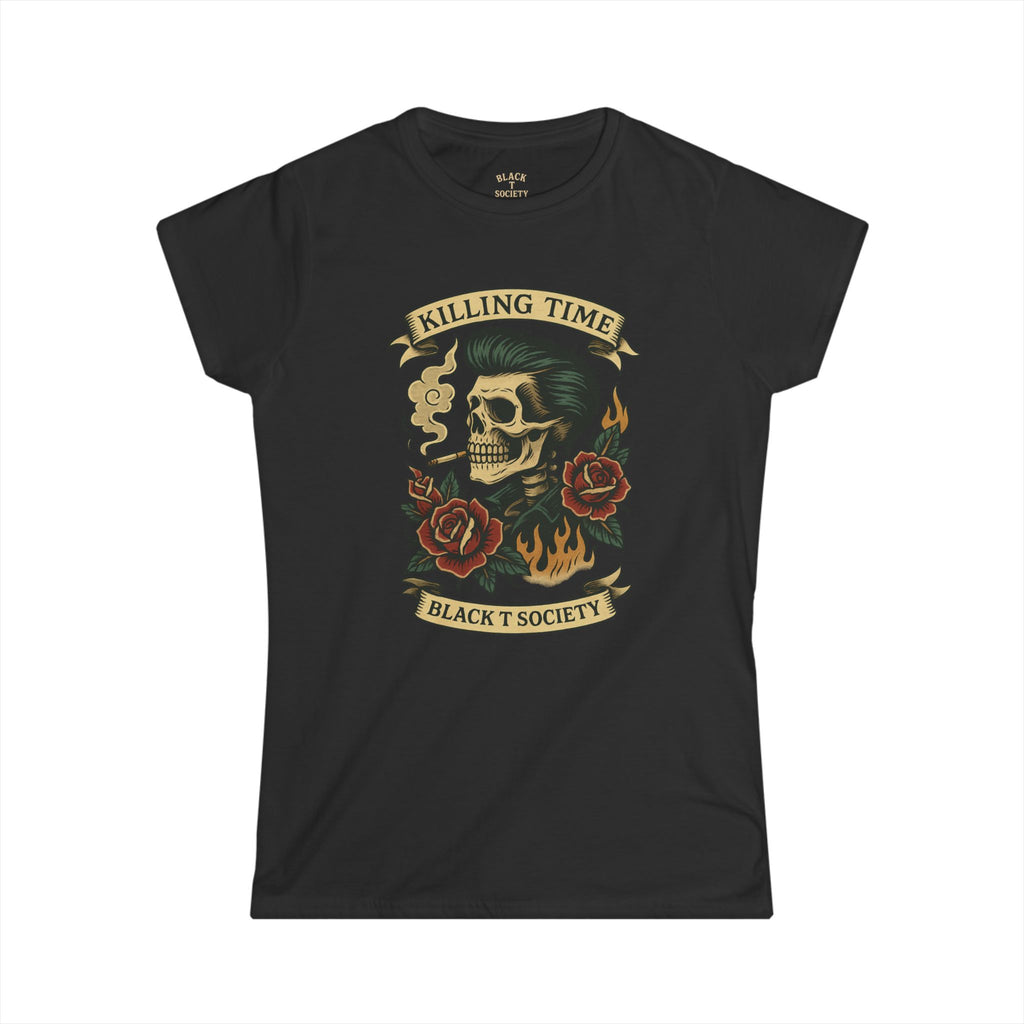 Ladies Killing Time - Bad Habits Series by Black T Society Edgy Skull Graphic Tee - Perfect for Music Lovers, Festivals, Casual Outfits, Gifts, Band Merchandise