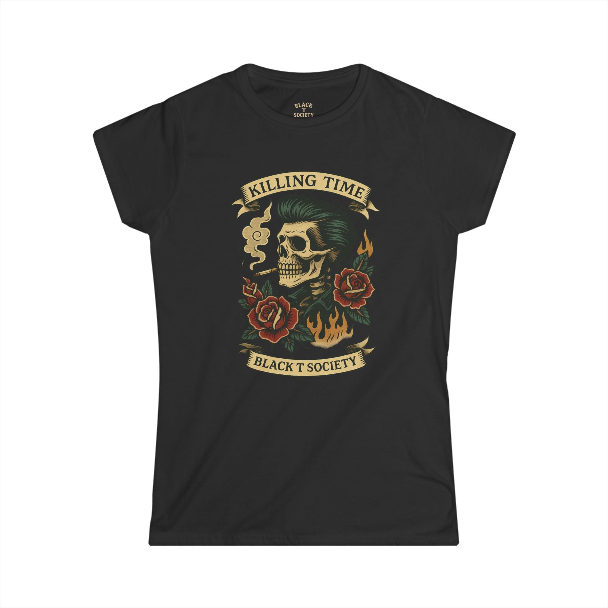 Ladies Killing Time - Bad Habits Series by Black T Society Edgy Skull Graphic Tee - Perfect for Music Lovers, Festivals, Casual Outfits, Gifts, Band Merchandise
