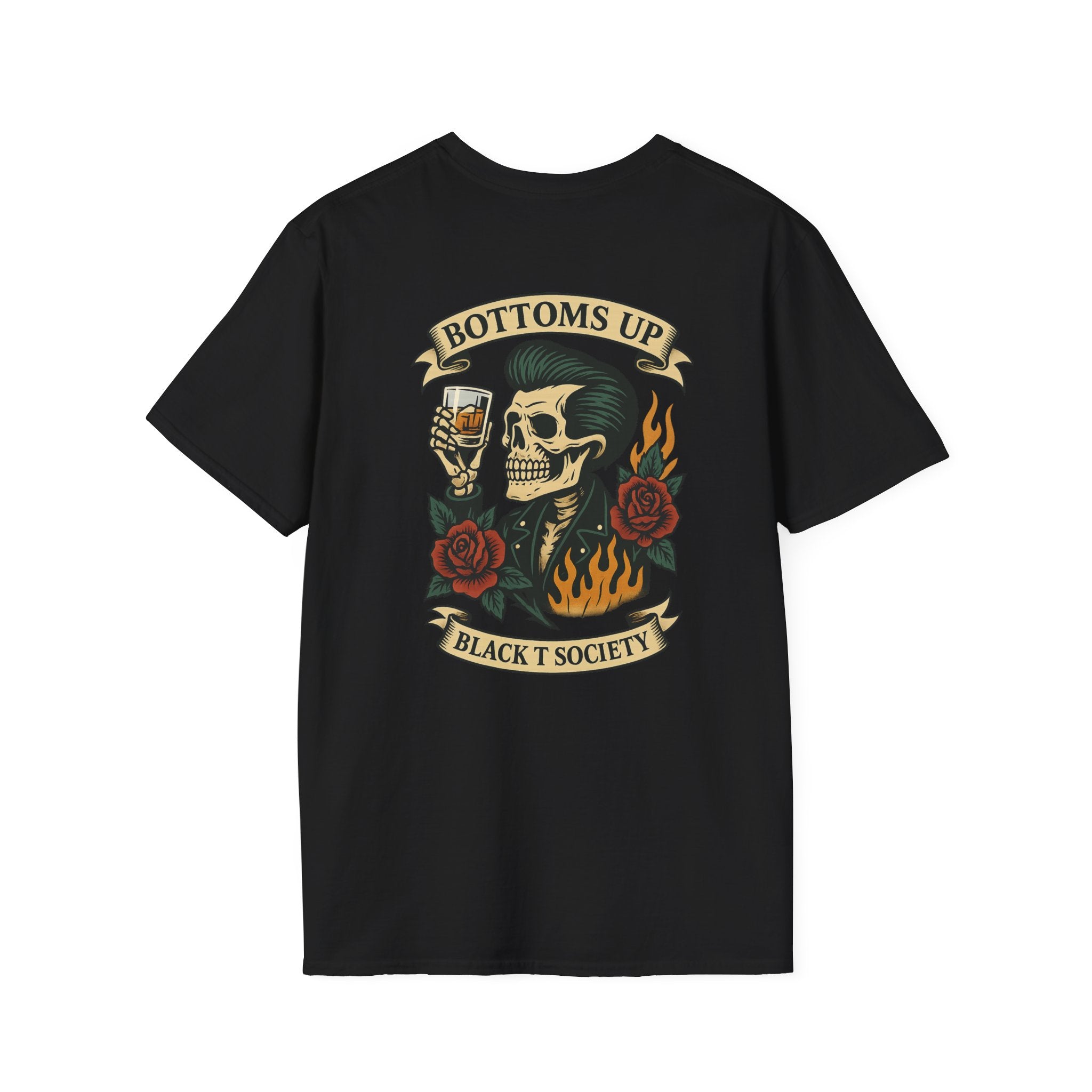 Bottoms Up - Bad Habits Series by Black T Society Unisex Softstyle T-Shirt with Skull Design, Edgy Graphic Tee, Perfect for Parties, Gifts, Gothic Fashion, Alternative Wear