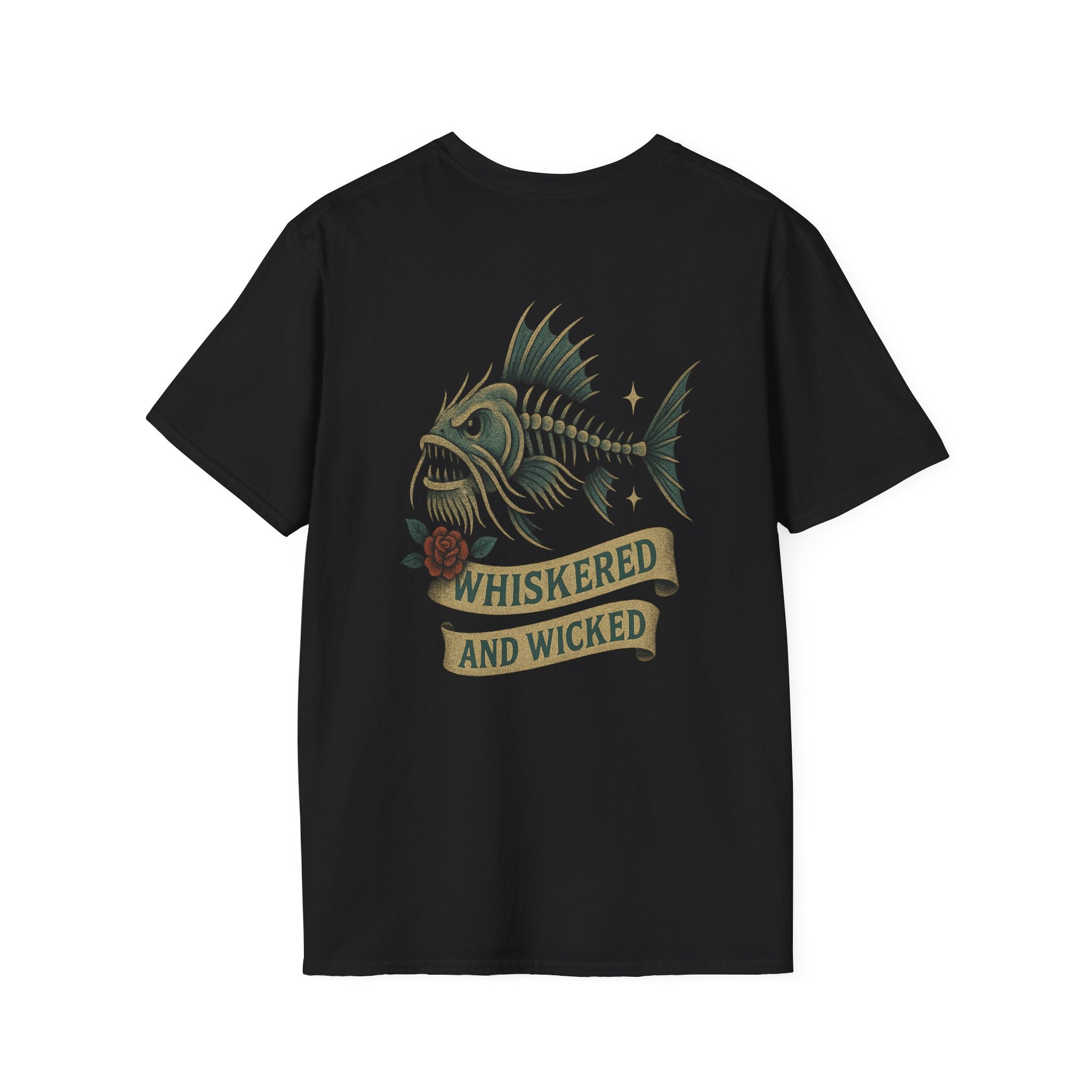 Whiskered and Wicked - Bottom Feeders Series by Black T Society Fishing Tee, Catfish, Wicked Fish Graphic Tee | Unisex Softstyle T-Shirt for Fishing Lovers, Casual Wear, Gift for Fishermen, Tattoo-Inspired Design, [...]
