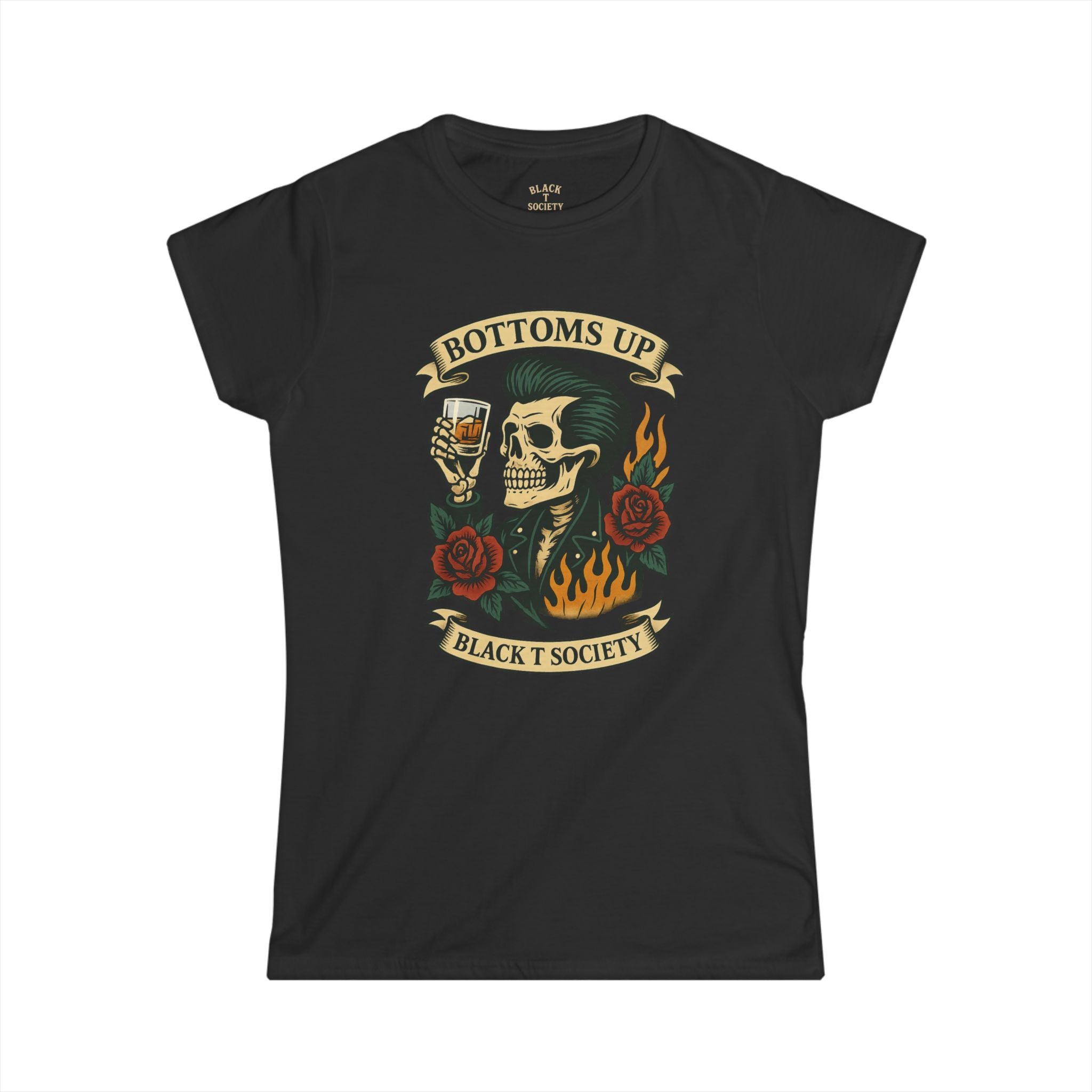 Ladies Bottoms Up - Bad Habits Series by Black T Society Skull & Roses Tee, Women's Graphic Tee, Gothic Fashion Top, Alternative Style Shirt, Casual Everyday Wear, Halloween Chic
